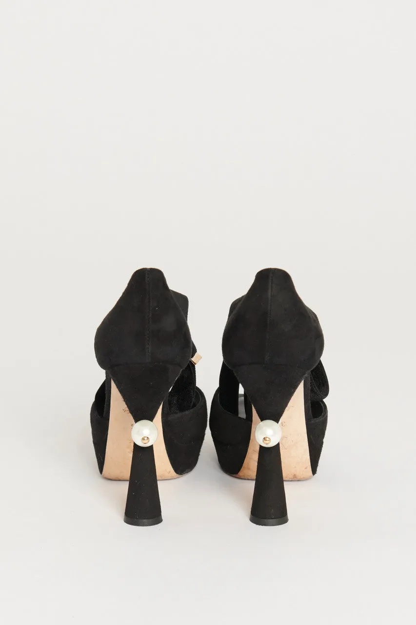 2009 Black Suede Preowned Pearl Platformed Heels