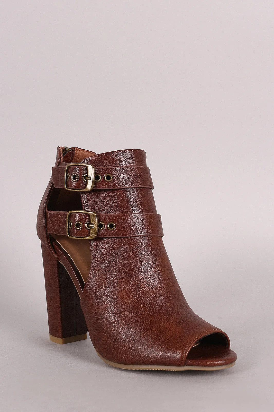 Bamboo Double Buckled Cutout Heeled Booties