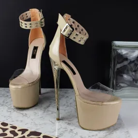 Beige Nude Gloss Transparent Strap Heels