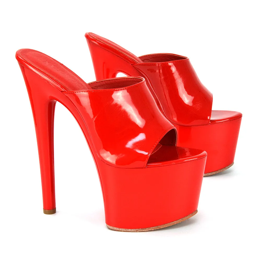 Bentley Statement Peep Toe High Stiletto Platform High Heel Mule Sandals in Red Patent