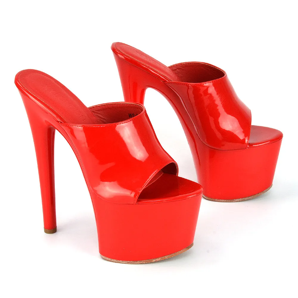 Bentley Statement Peep Toe High Stiletto Platform High Heel Mule Sandals in Red Patent