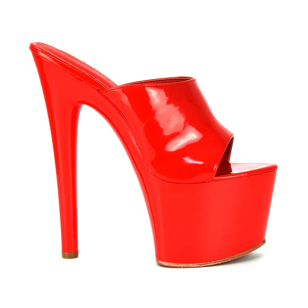 Bentley Statement Peep Toe High Stiletto Platform High Heel Mule Sandals in Red Patent