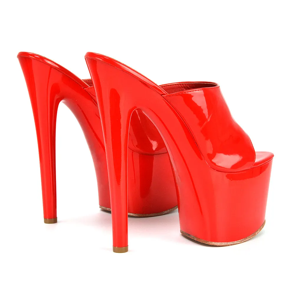 Bentley Statement Peep Toe High Stiletto Platform High Heel Mule Sandals in Red Patent