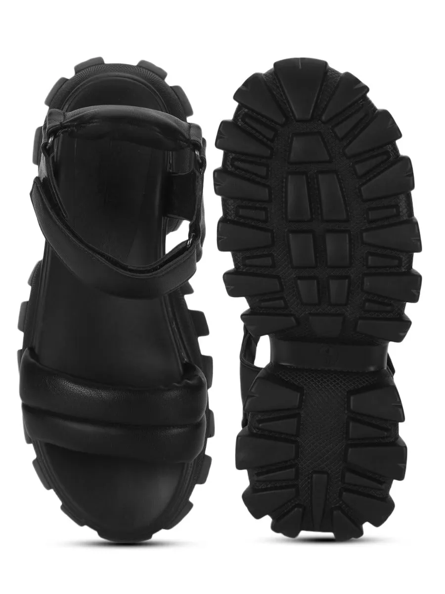 Black PU Cleated Bottom Chunky Sandals