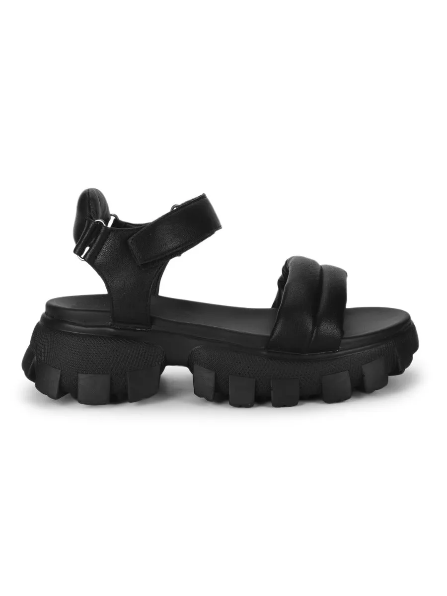 Black PU Cleated Bottom Chunky Sandals