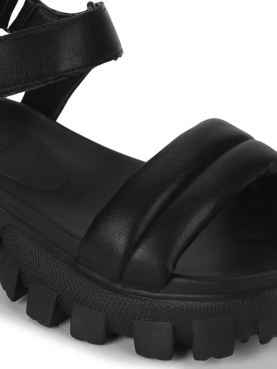 Black PU Cleated Bottom Chunky Sandals