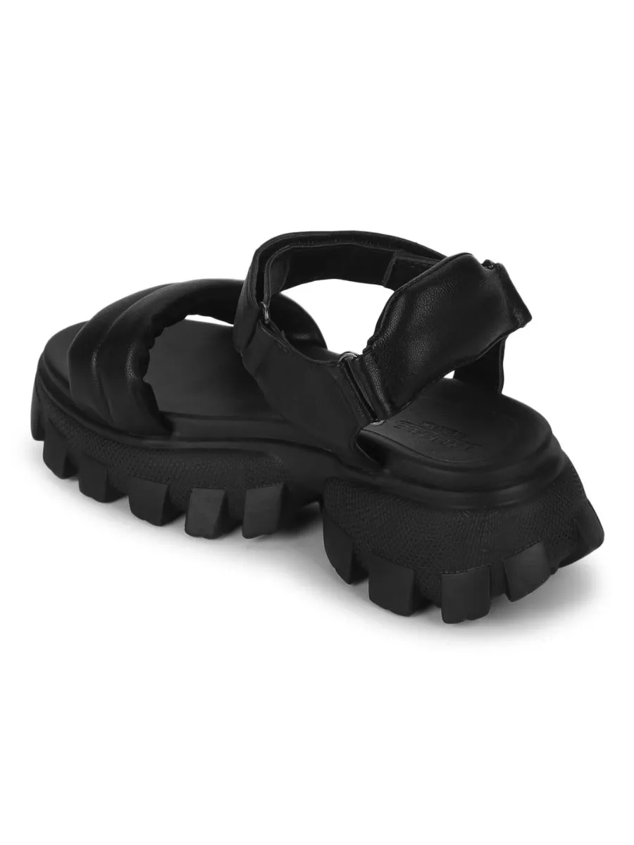 Black PU Cleated Bottom Chunky Sandals