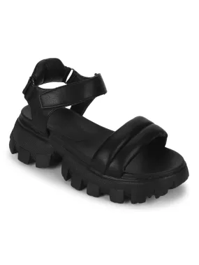 Black PU Cleated Bottom Chunky Sandals