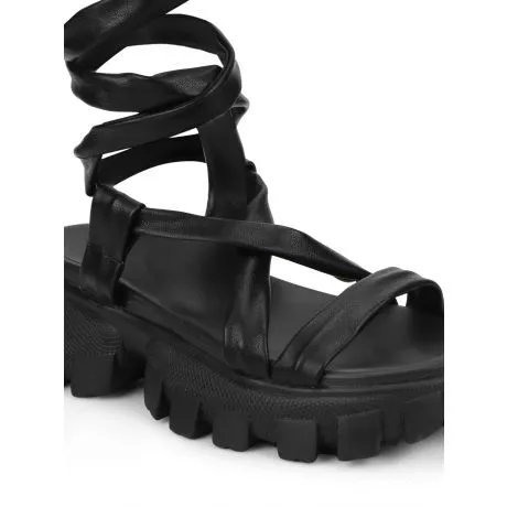 Black PU Cleated Bottom Gladiator Chunky Sandals