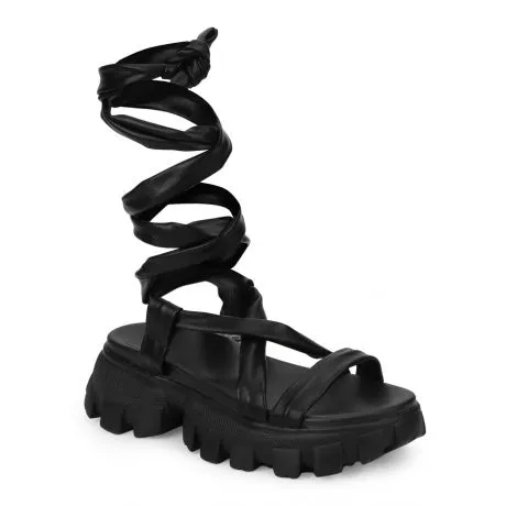 Black PU Cleated Bottom Gladiator Chunky Sandals