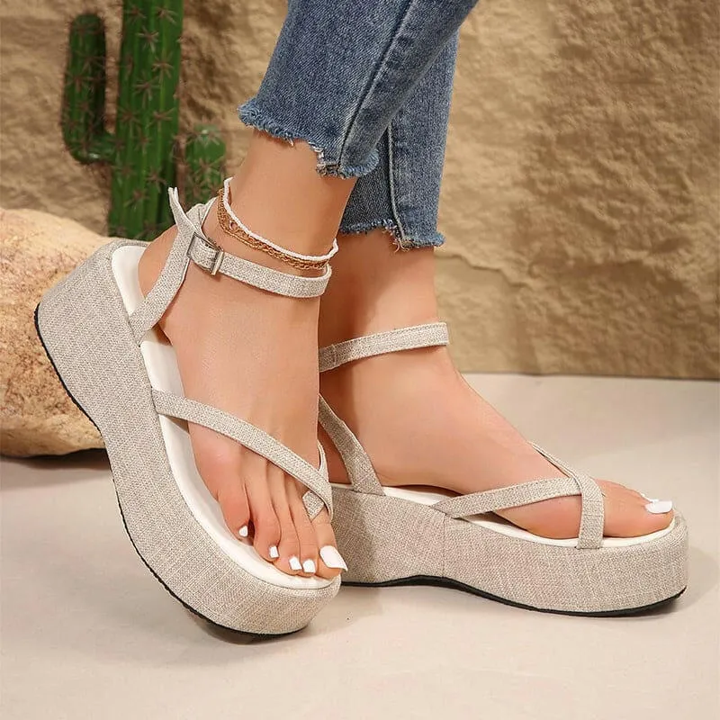 Blue Denim Thong Open Toe Thick-wedge Womens Sandals