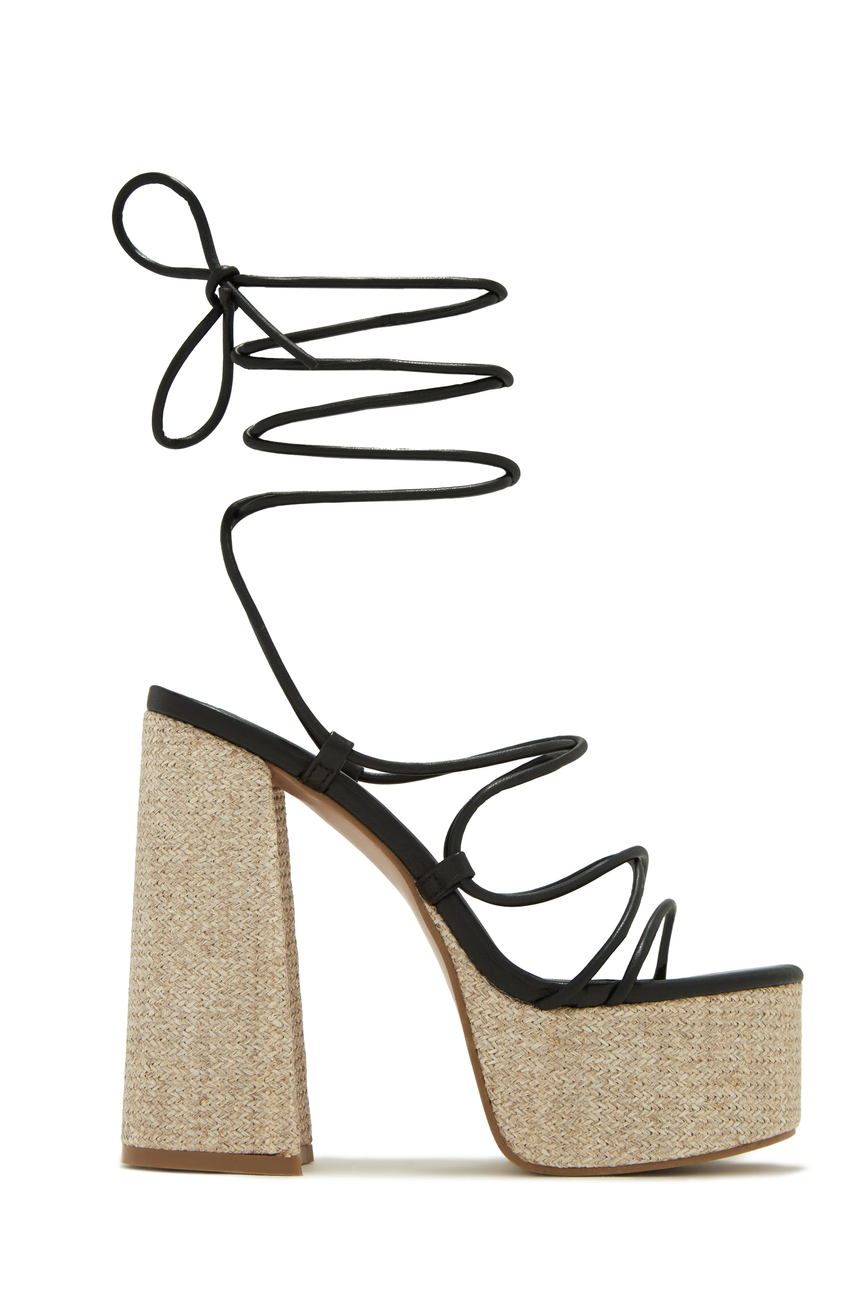 Brunch Al Fresco Lace Up Platform Block High Heels - Black