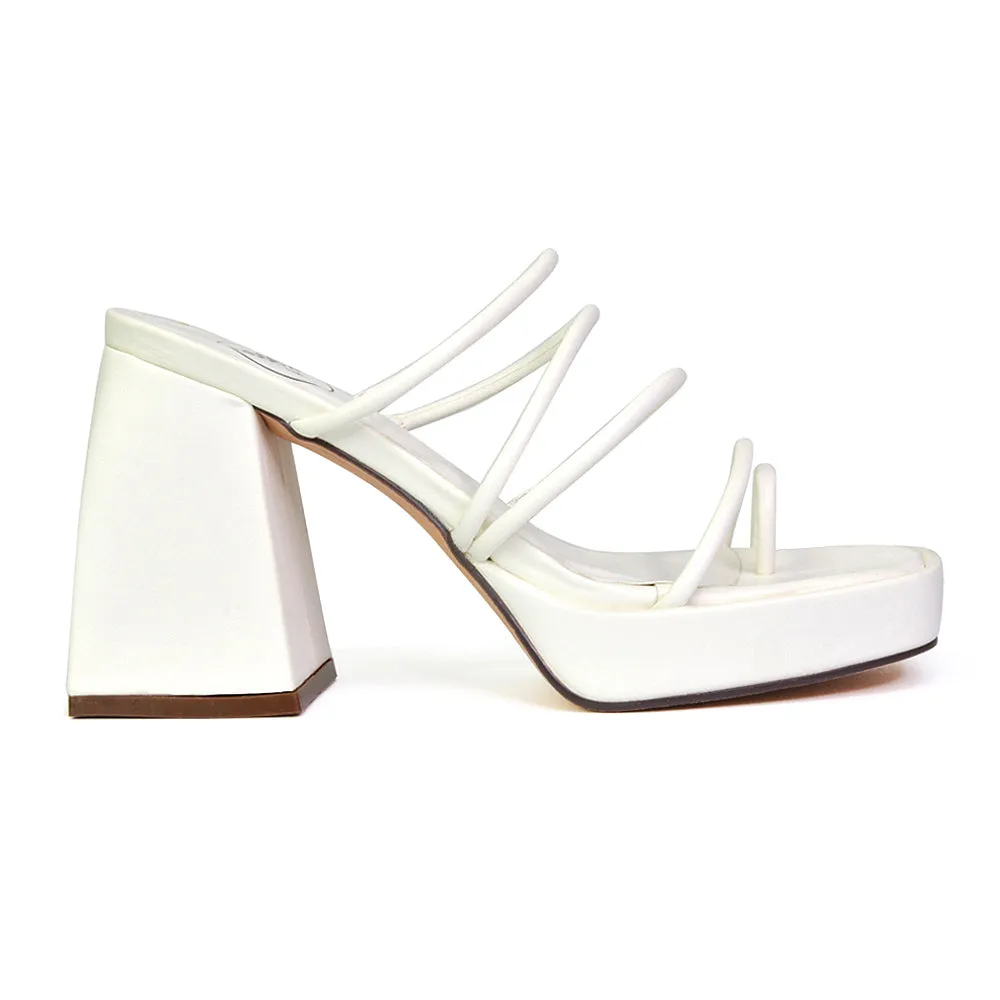 Colt Platform Strappy Square Toe Block High Heeled Mules Sandals in White