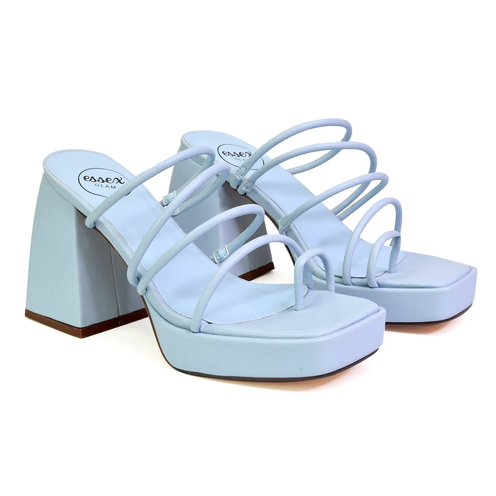 Colt Platform Strappy Square Toe Block High Heeled Mules Sandals in White