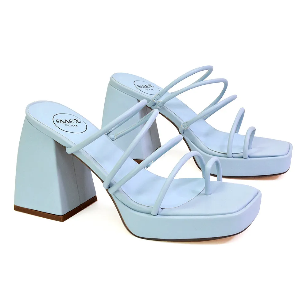 Colt Platform Strappy Square Toe Block High Heeled Mules Sandals in White