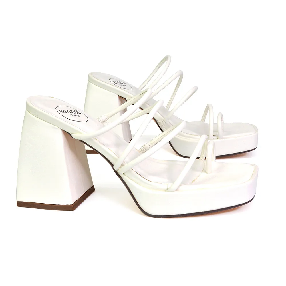 Colt Platform Strappy Square Toe Block High Heeled Mules Sandals in White