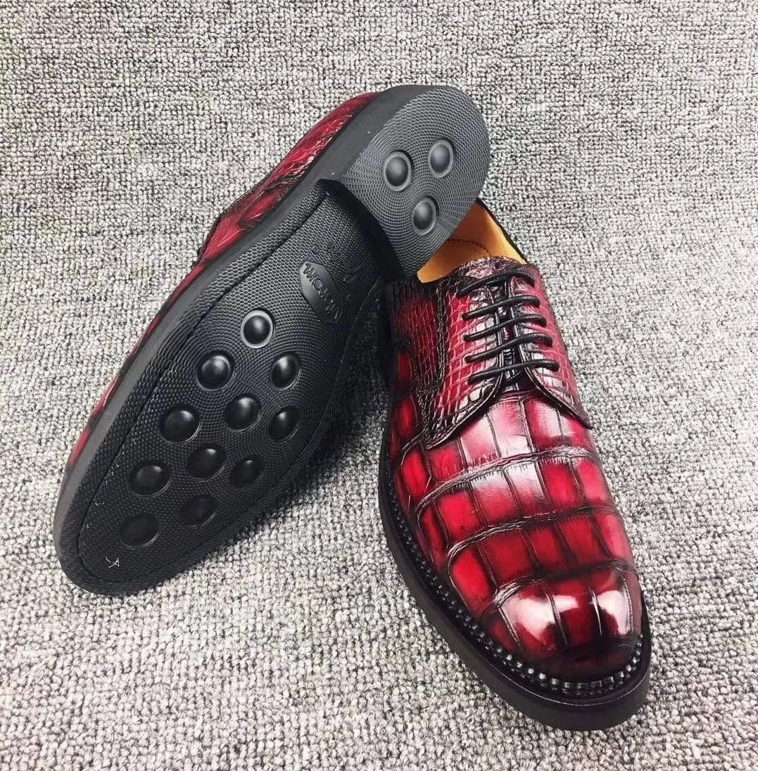 Crocodile Shoes Mens Classic Formal Footwear Man Fashion Style Genuine Crocodile Leather Derby Lace-Up Dress Shoes Vintage Red