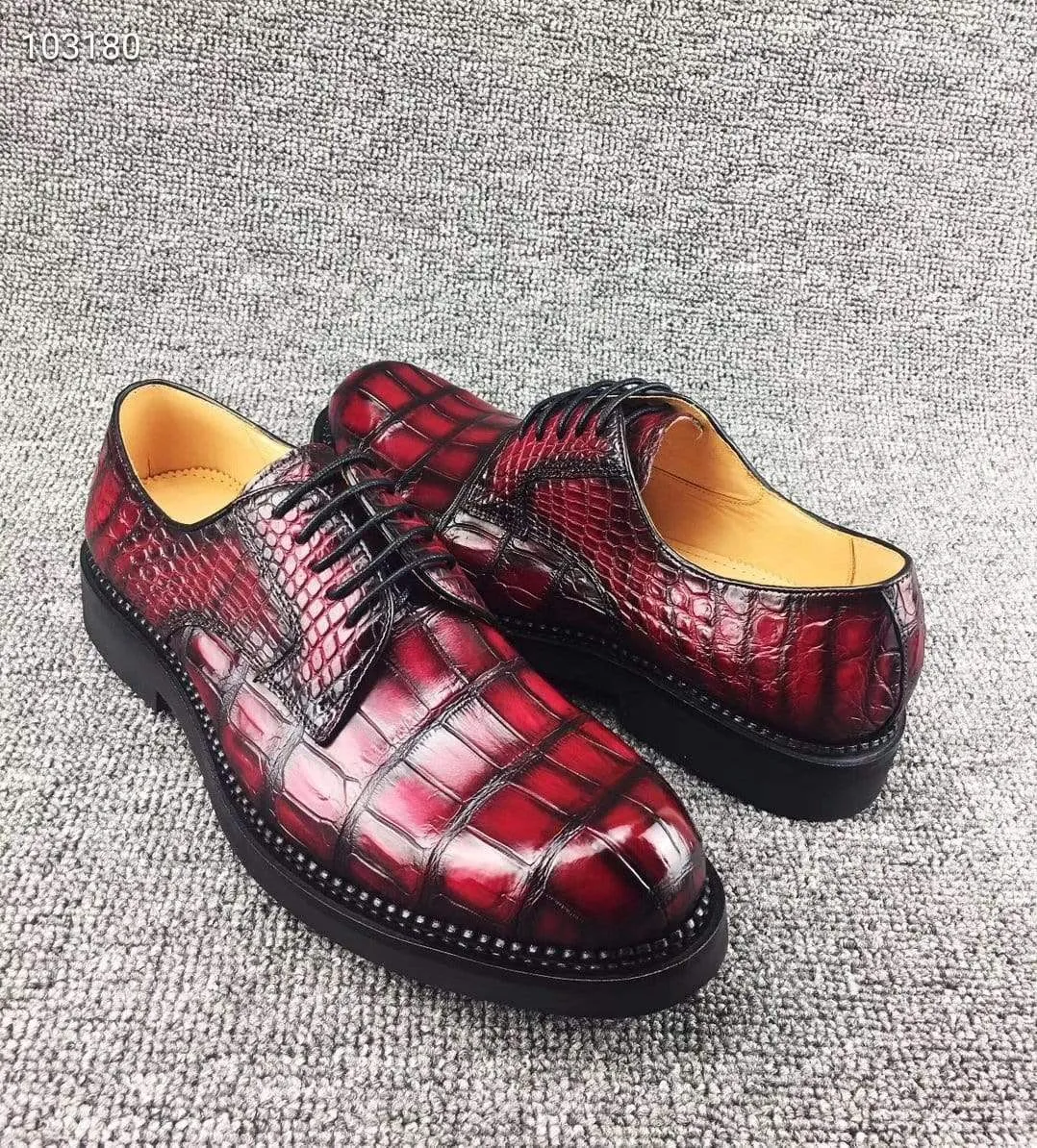 Crocodile Shoes Mens Classic Formal Footwear Man Fashion Style Genuine Crocodile Leather Derby Lace-Up Dress Shoes Vintage Red