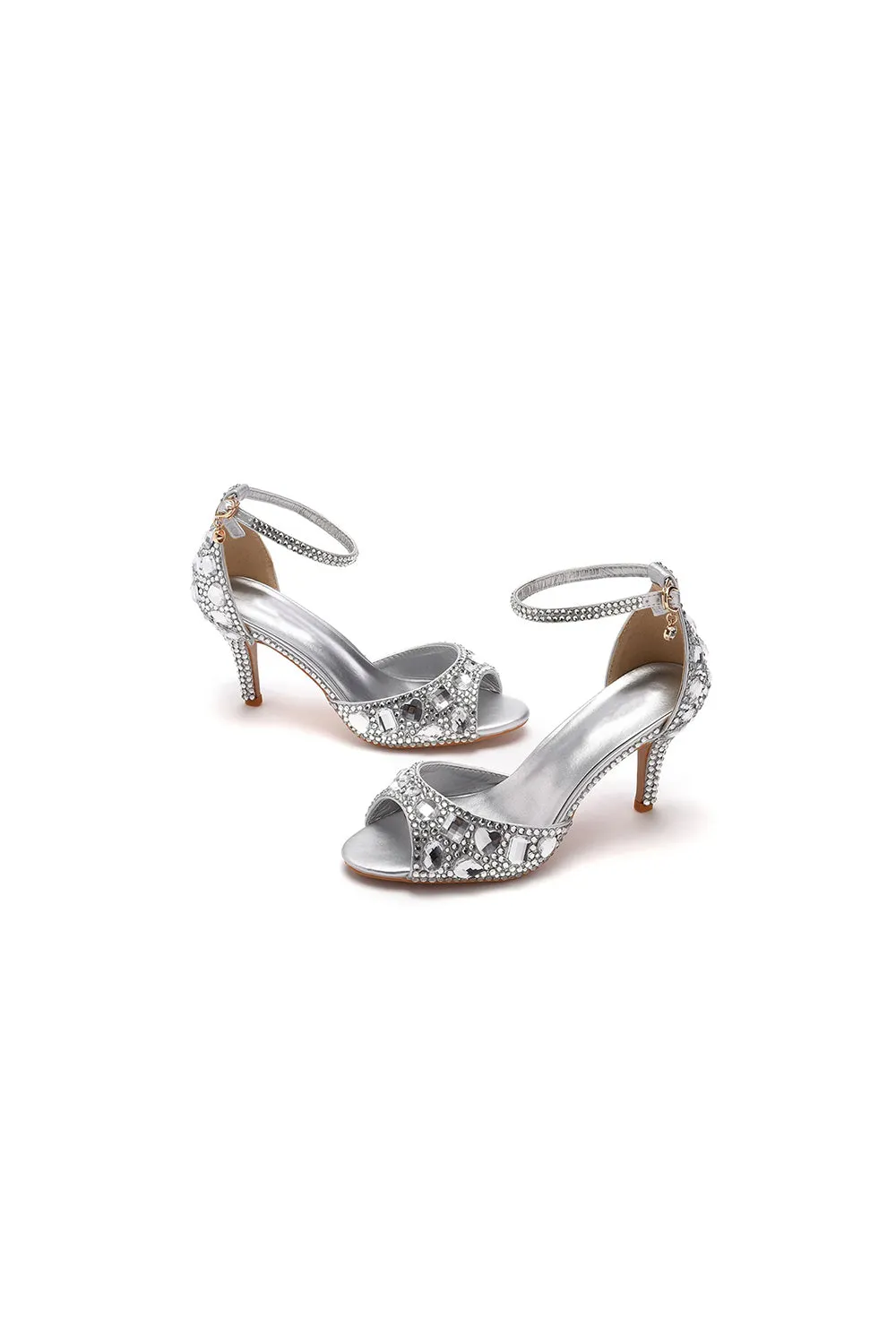 Crystal Rhinestone Peep Toe High Heels Ankle Strap Sandals