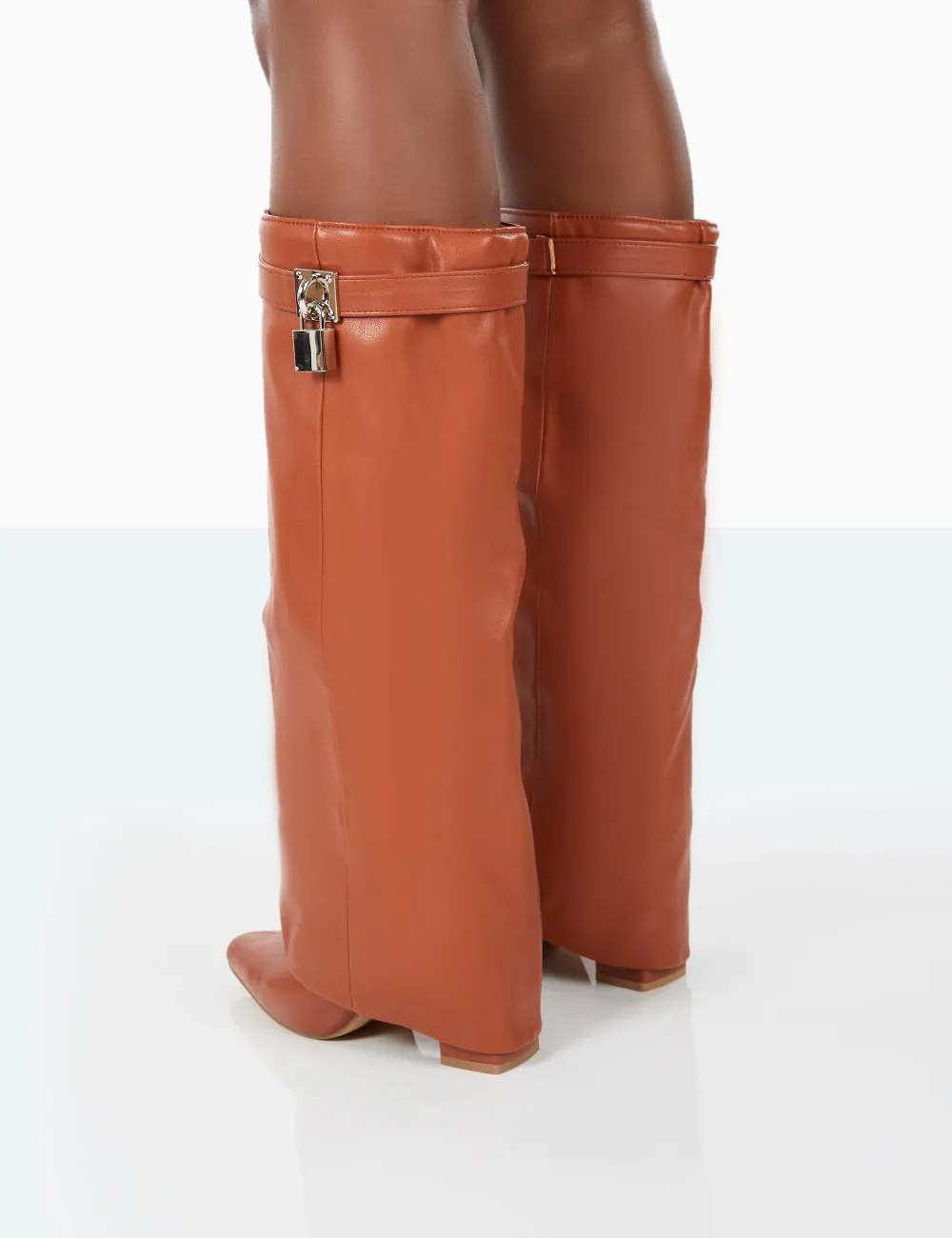 Echo Tan Grain Pu Pointed Toe Knee High Block Boots