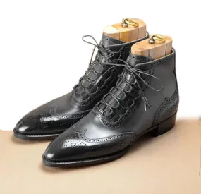 Elegant Handmade Men’s Ankle High Leather Wing Tip Brogue Boots, Men’s Black Color Lace Up Boots