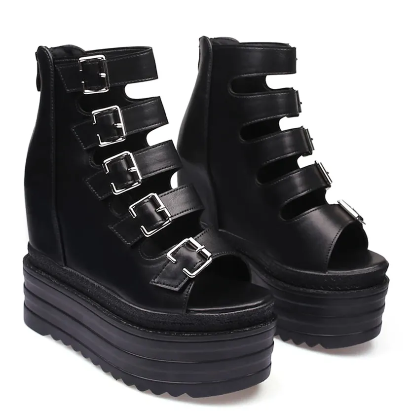 Funki Buys | Shoes | Women's Goth Buckle Strap Wedge Sandal