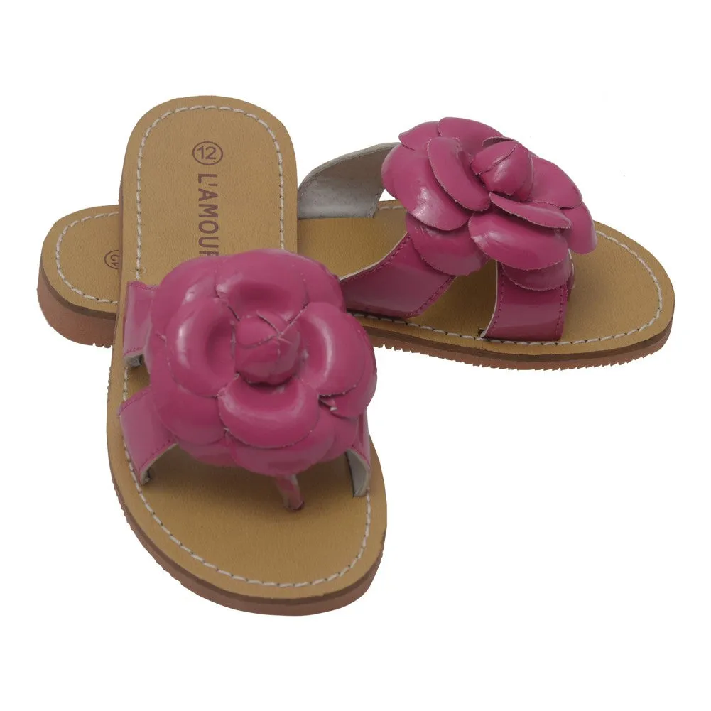 Girls Fuchsia Flower Accent Thong Trendy Sandals 11-4 Kids