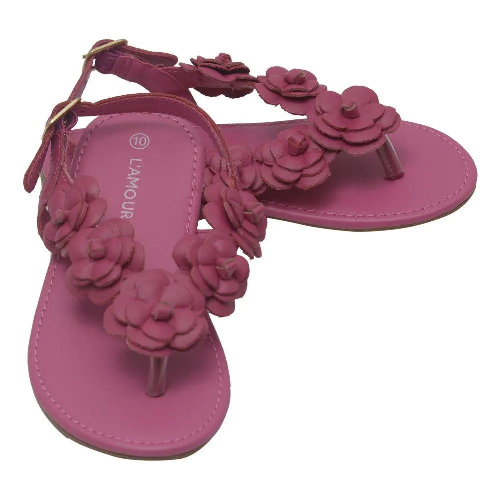 Girls Fuchsia Flower Blossom Accent Buckle Thong Sandals 7-10 Toddler