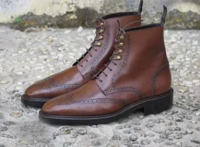 Handmade Men’s Ankle High Leather Boots, Men’s Brown Wing Tip Brogue Lace Up Boots