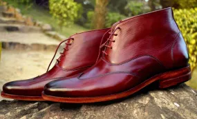 Handmade Men's Wing Tip Burgundy Leather Boots, Men Lace Up Chukka Stylish Boots