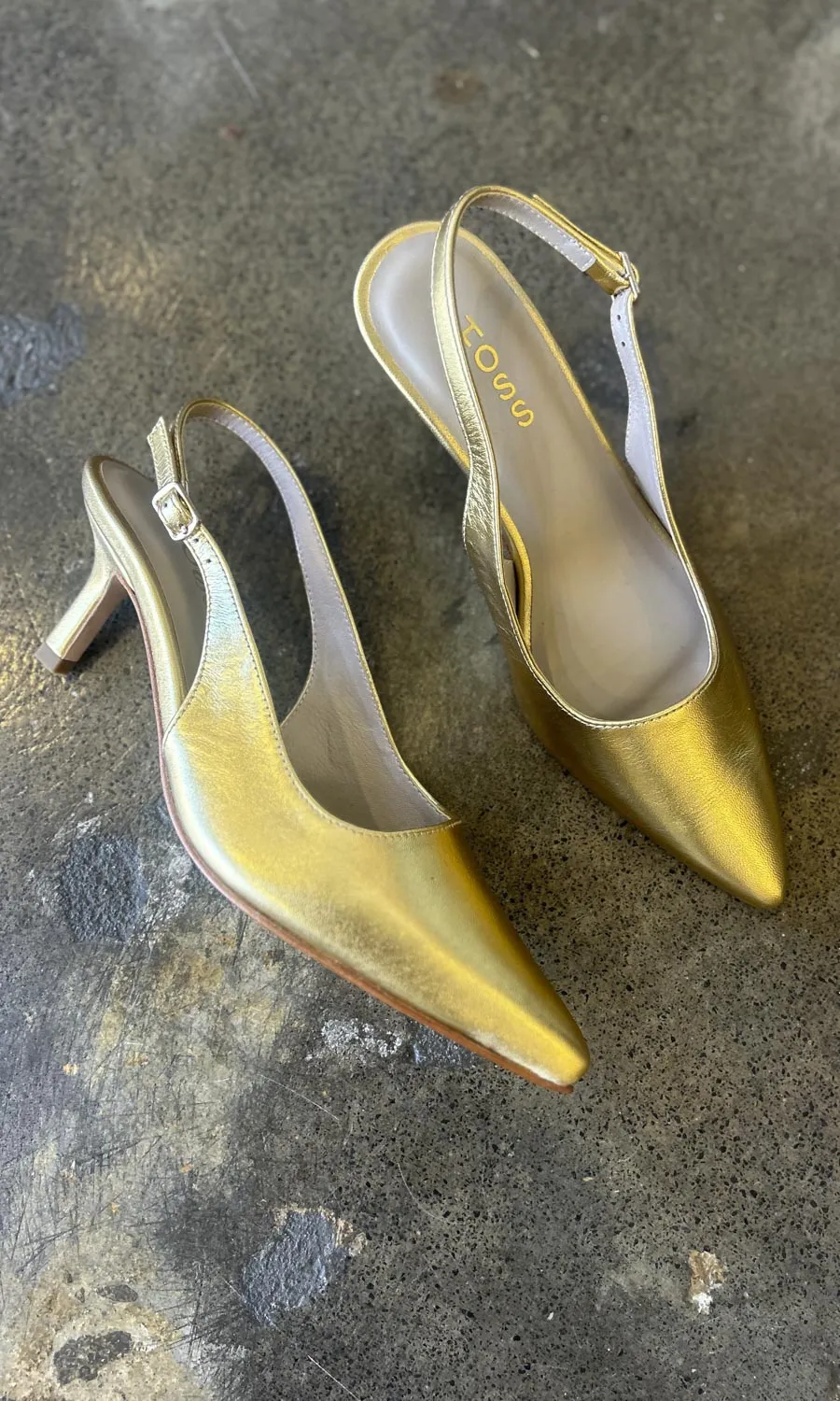 hoss Gold Leather Slingback Kitten Heels