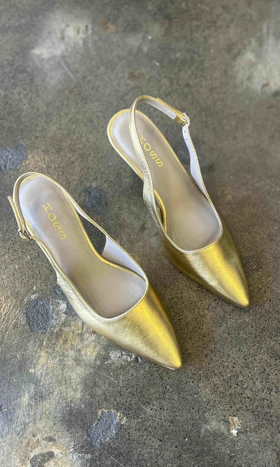 hoss Gold Leather Slingback Kitten Heels