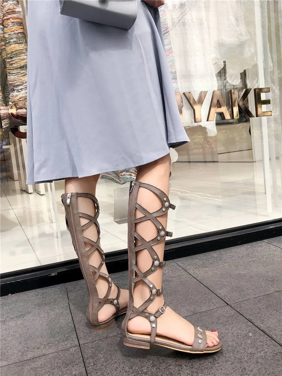 Knee High Gladiator Sandals - Khaki