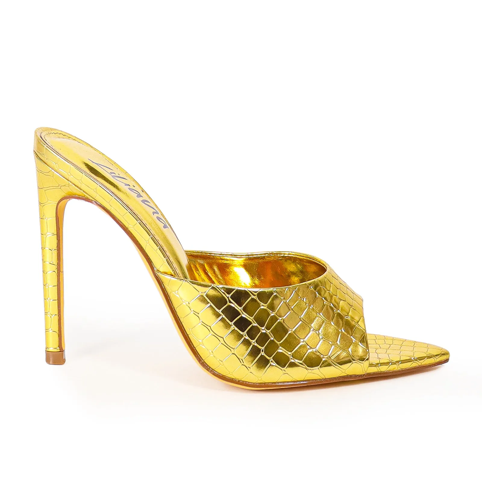 LAURENT-43 POINTED MULE PATENT STILETTO HIGH HEEL - GOLD