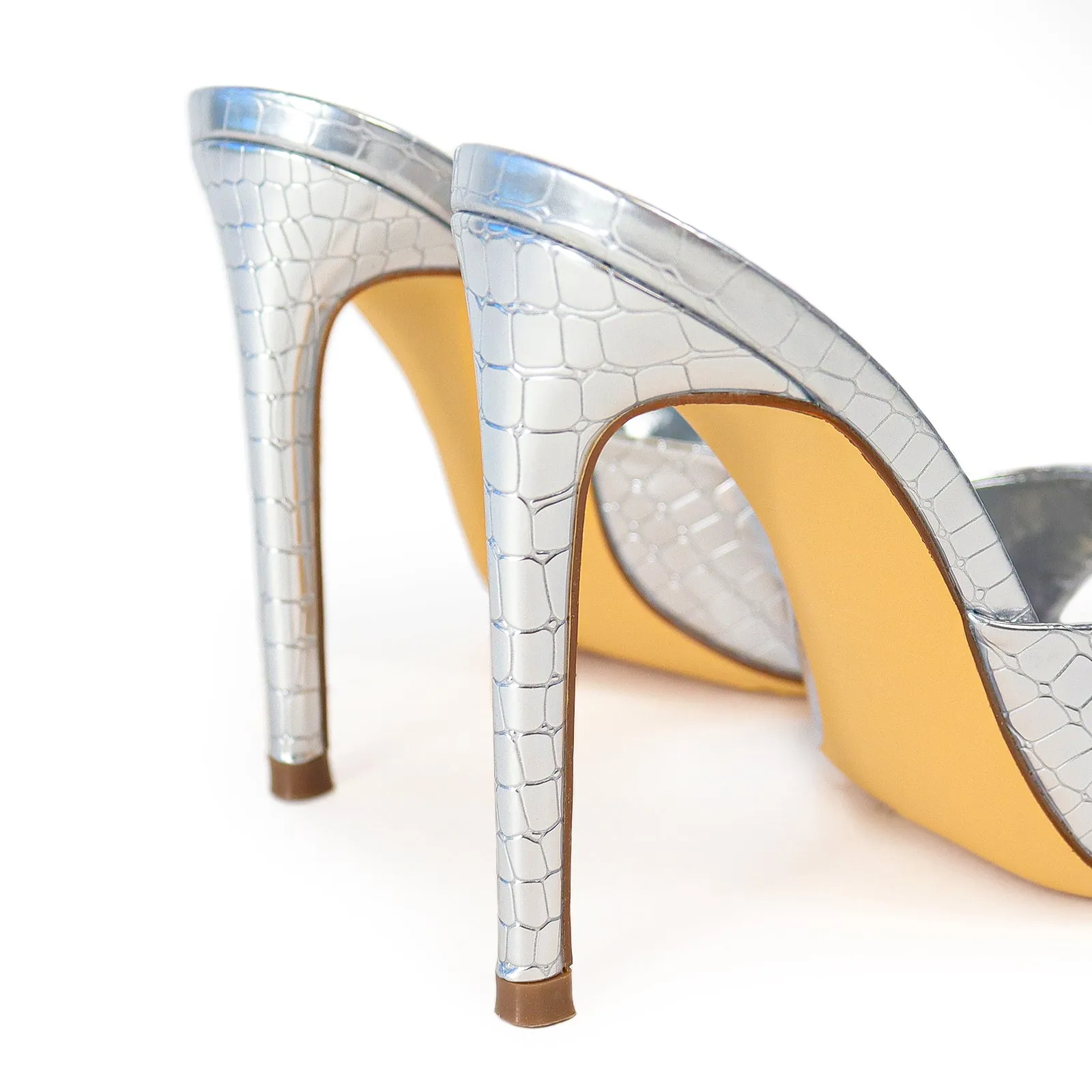 LAURENT-43 POINTED MULE PATENT STILETTO HIGH HEELS - SILVER