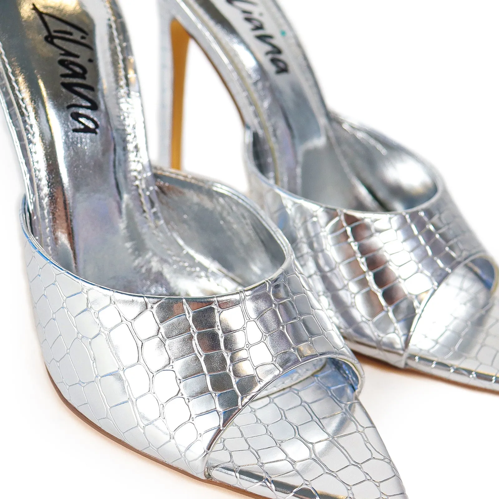 LAURENT-43 POINTED MULE PATENT STILETTO HIGH HEELS - SILVER