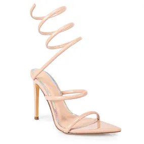 LAURENT-70 TUBULAR SPIRAL STRAP ON POINTED HEEL - NUDE PATENT