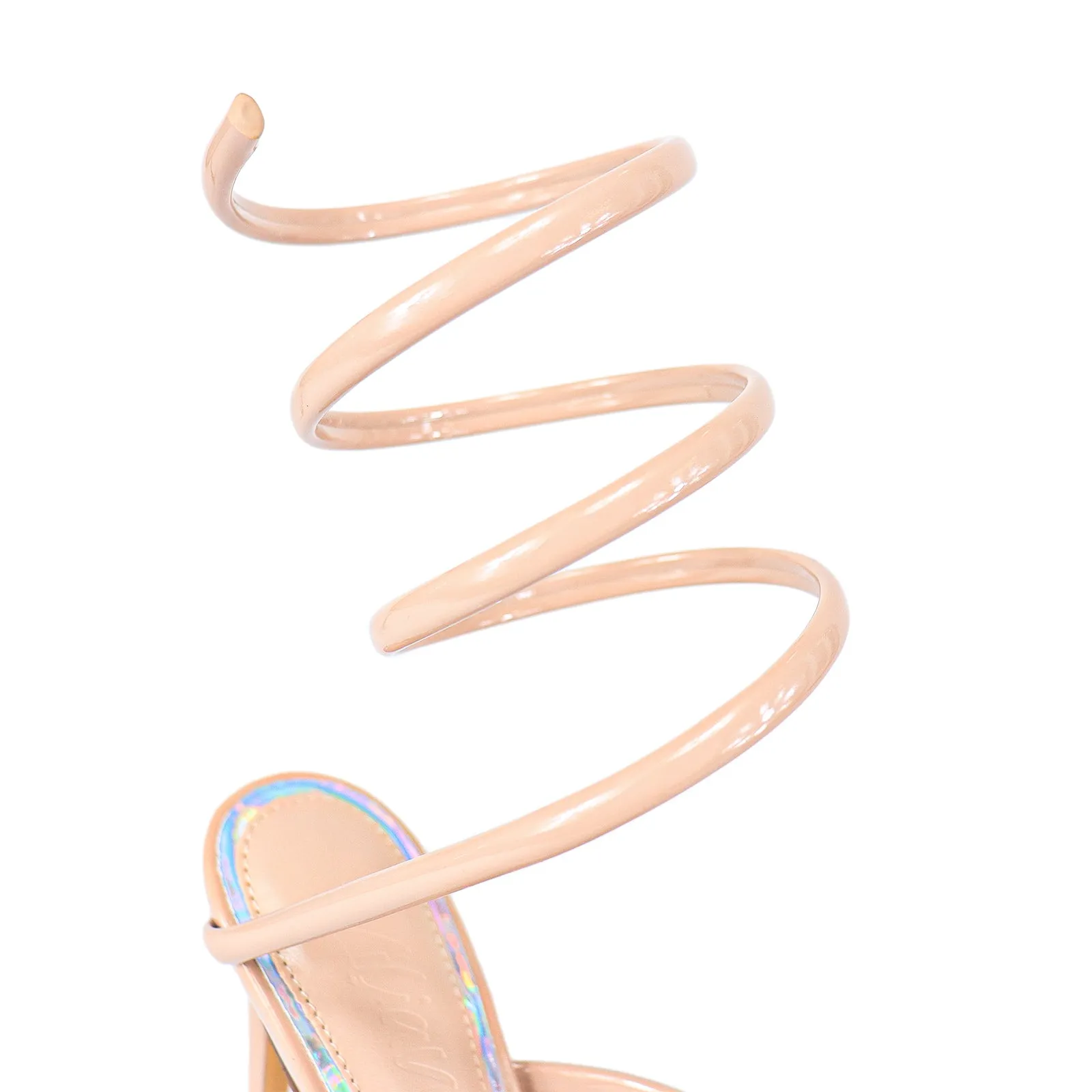 LAURENT-70 TUBULAR SPIRAL STRAP ON POINTED HEEL - NUDE PATENT