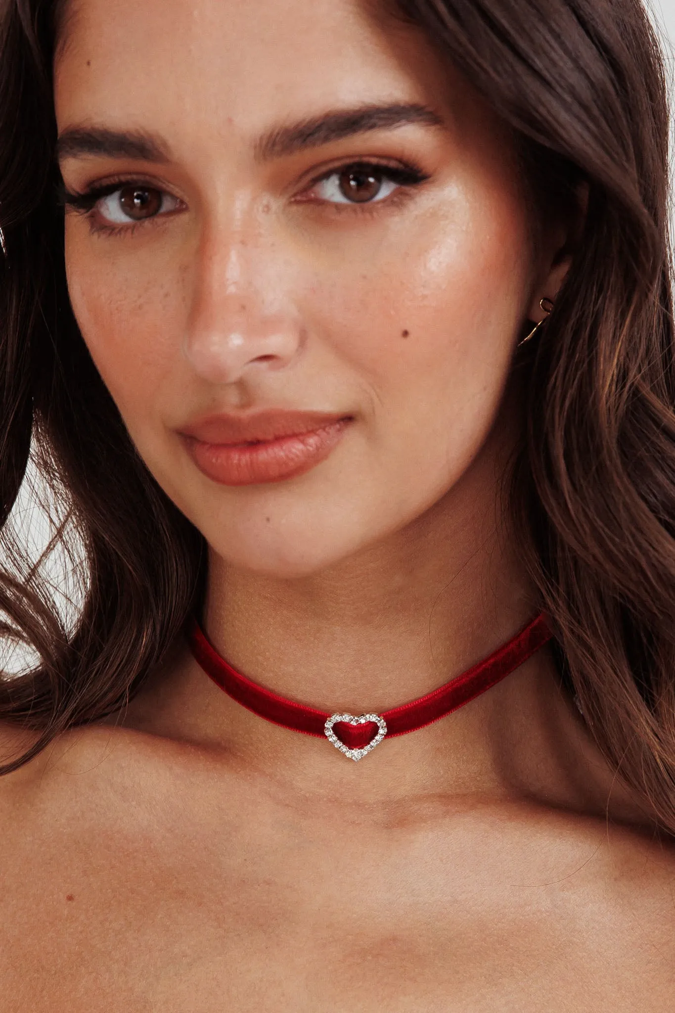 Lola Diamante Heart Velvet Choker Necklace Red