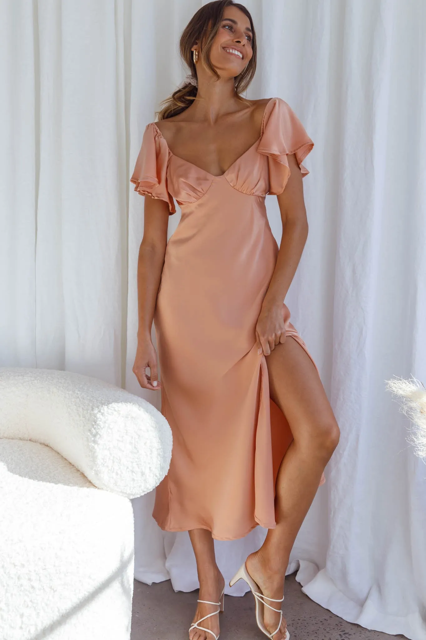 Park Avenue Flutter Sleeve Side Split Midi Dress Apricot