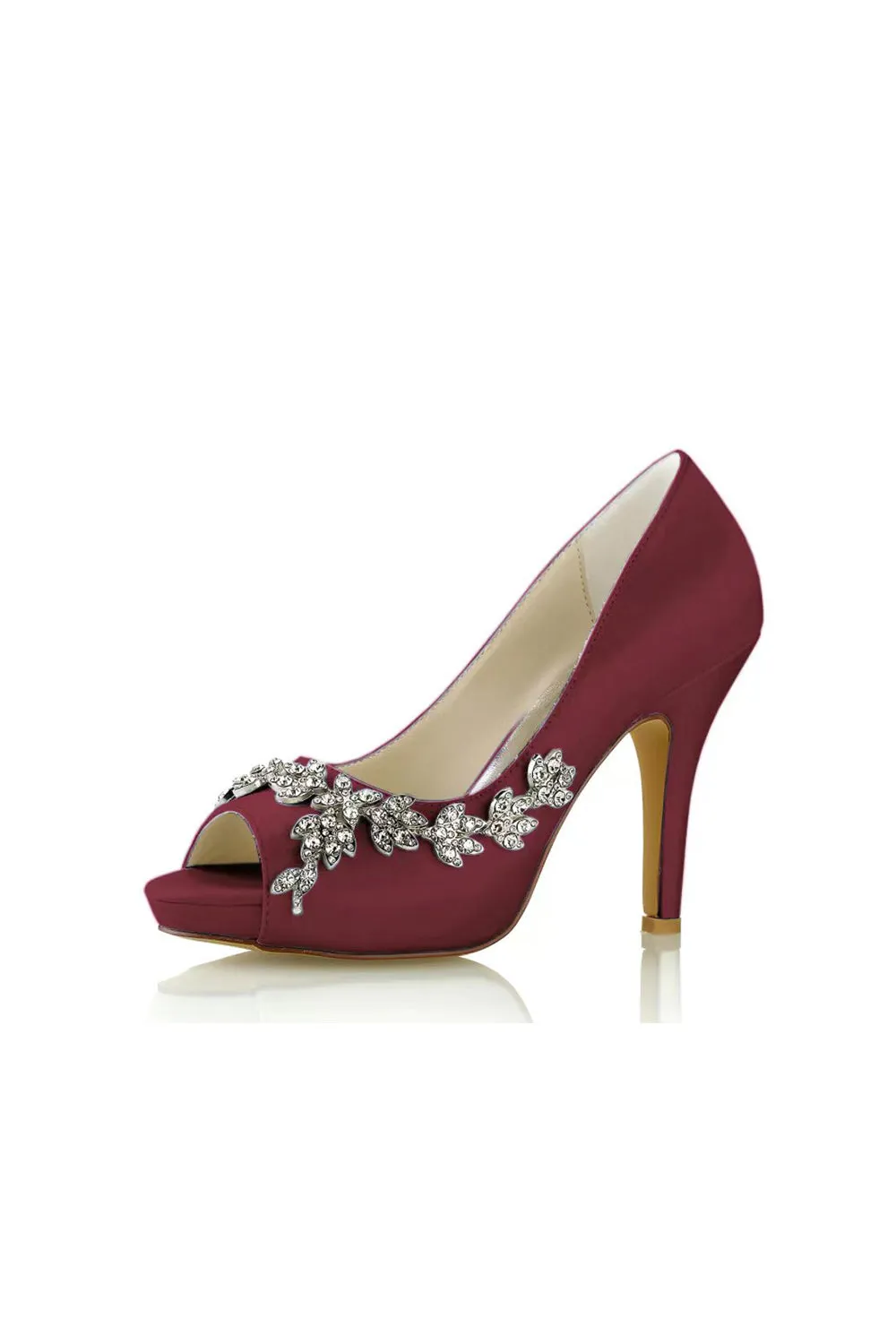 Peep Toe Block Heels With Rhinestone Flower