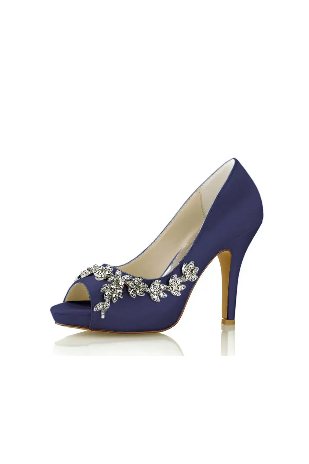 Peep Toe Block Heels With Rhinestone Flower