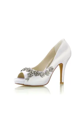 Peep Toe Block Heels With Rhinestone Flower