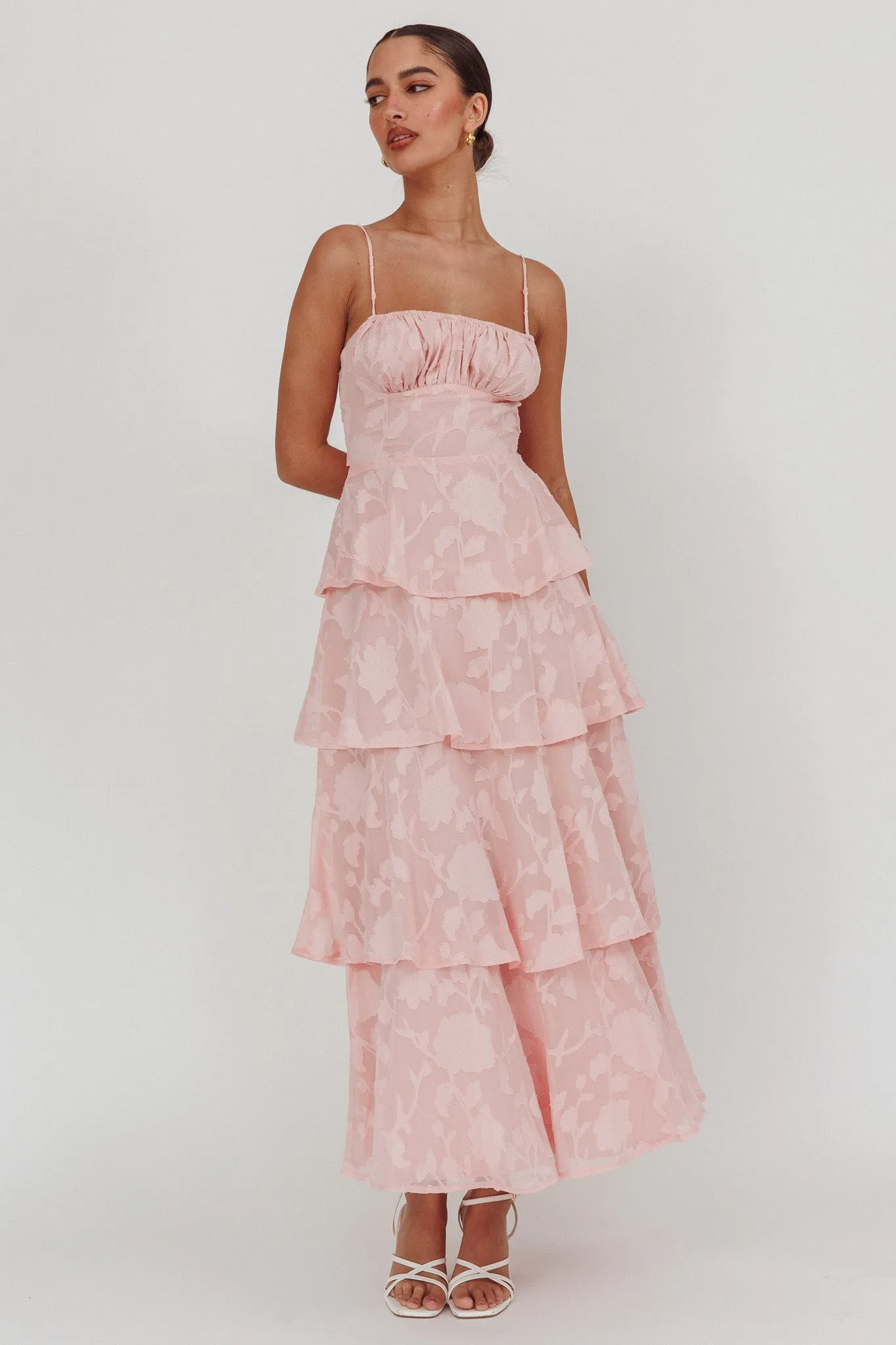 Provence Bloom Tiered Maxi Dress Jacquard Pink