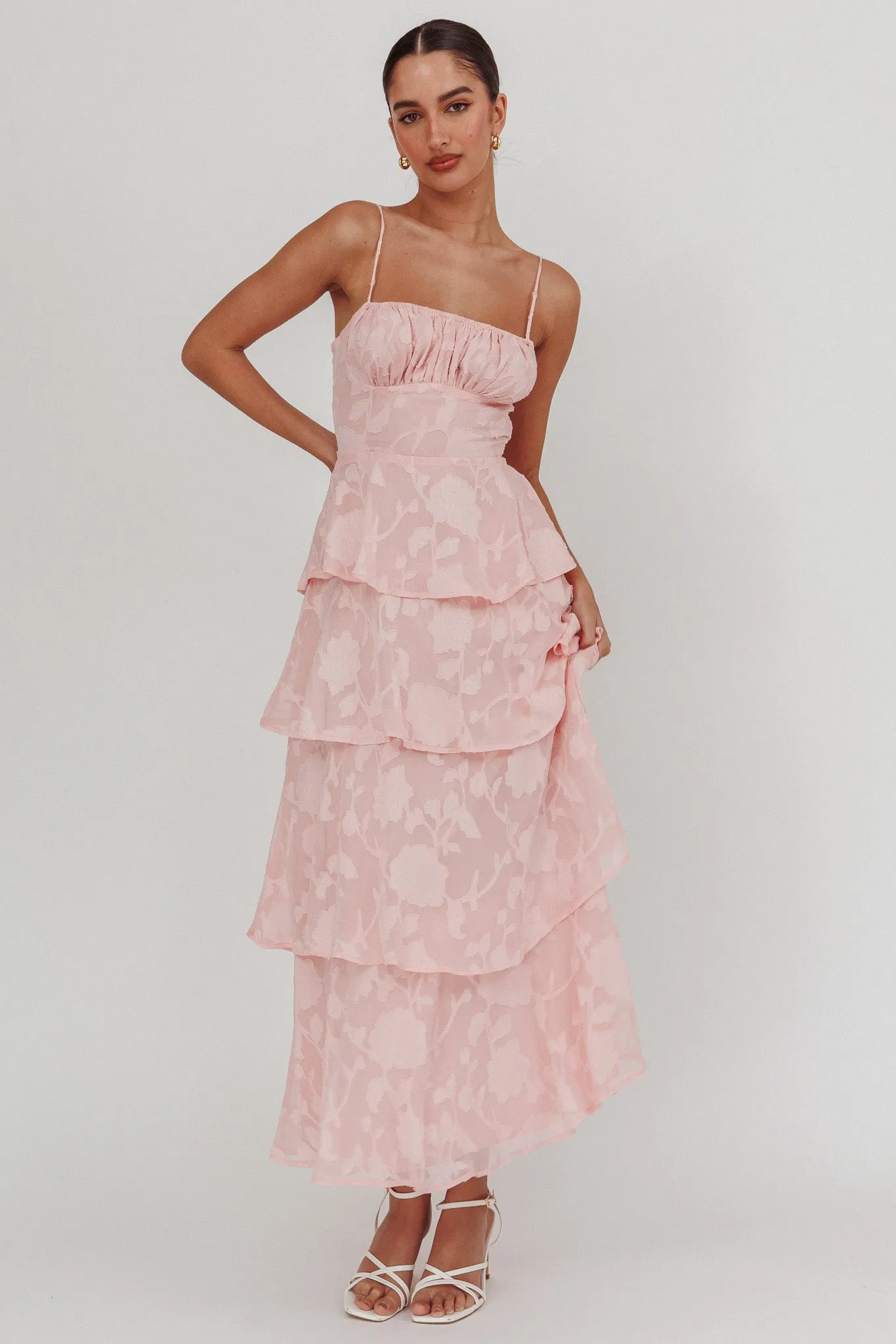 Provence Bloom Tiered Maxi Dress Jacquard Pink