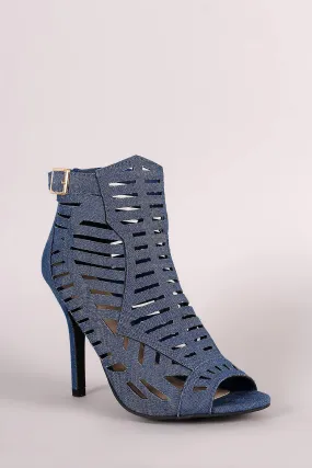 Qupid Denim Perforated Peep Toe Stiletto Heel