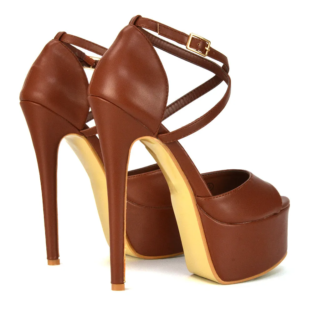 Suzanna Cross Over Strappy Platform Stiletto Peep Toe Super High Heels Sandals in Brown Synthetic Leather