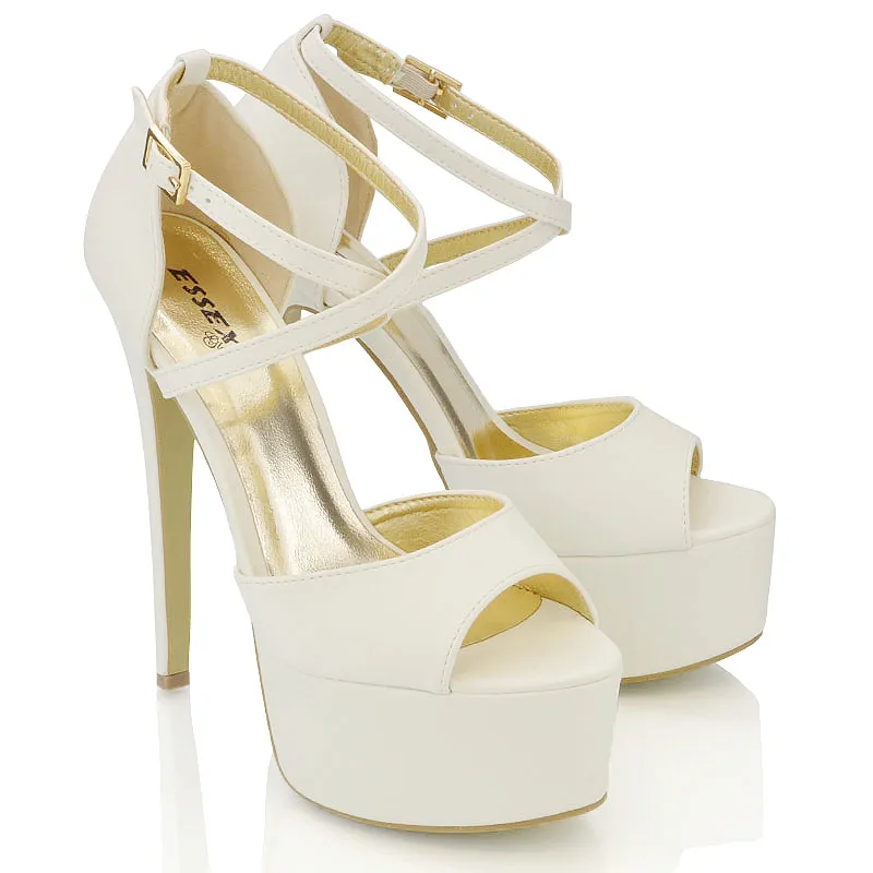 Suzanna Cross Over Strappy Platform Stiletto Peep Toe Super High Heels Sandals in White Synthetic Leather