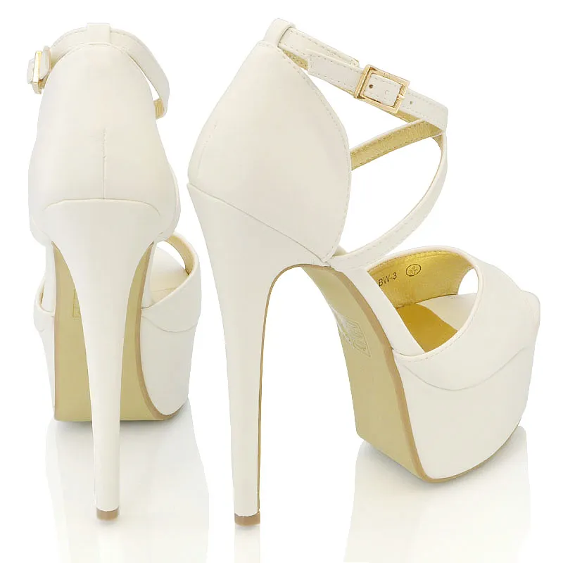 Suzanna Cross Over Strappy Platform Stiletto Peep Toe Super High Heels Sandals in White Synthetic Leather