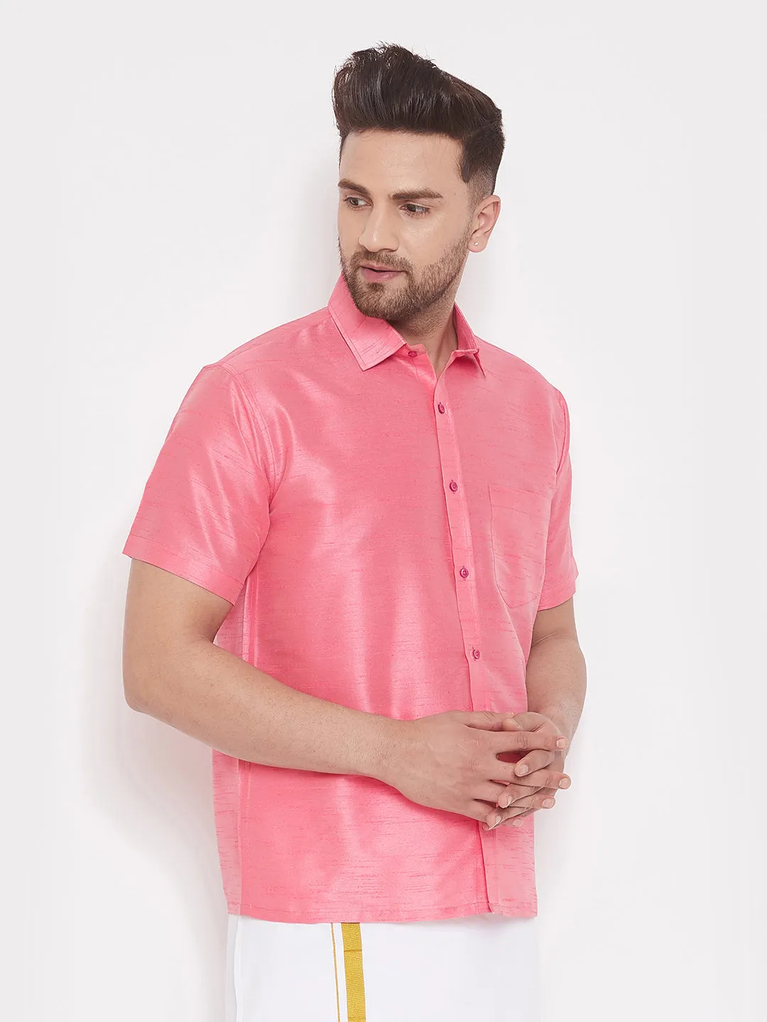 VASTRAMAY Men's Pink Silk Ethnic Shirt